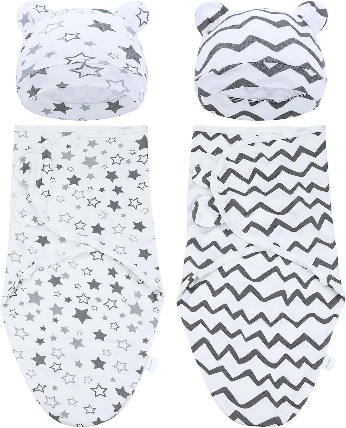 Cotton Swaddle Blanket and Hat Set with Velcro